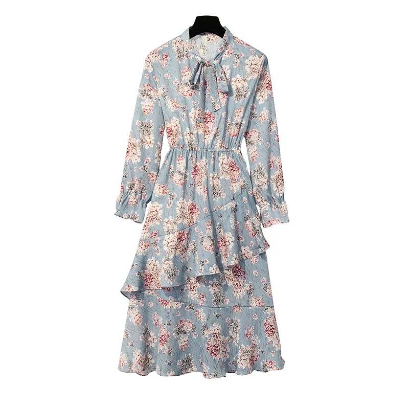 

Floral Dress Vintage Long Sleeve Bow Chiffon Dress Women 2020 Spring Autumn Plus size Dress Female Vestidos 5XL