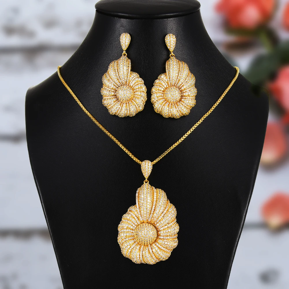 KellyBola New Trendy Luxury 2PCS Big Drop Statement Earrings Necklace Women's Wedding Full Cubic Zircon Dubai Bridal Jewelry Set