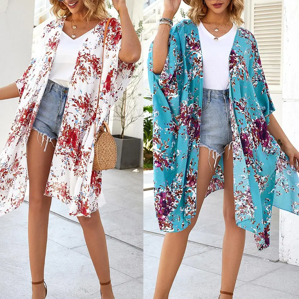 

Women Floral Sun Protection Half Sleeve Loose Front Open Coverup Cardigan Blouse