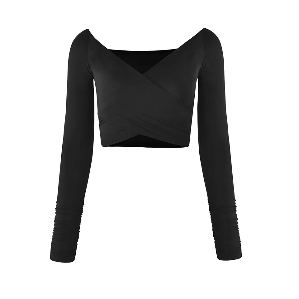 

Elimiiya Women Long Sleeve Crop Tops Sexy Deep V Neck Basic Solid Lady Casual Tshirt Off Shoulder T Shirts Summer Autumn