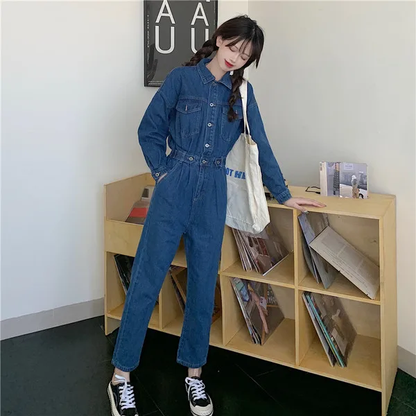 

Fashion Streetwear Denim Overalls Women Long Sleeve Bodysuit High Waist Jeans Bodycon Rompers Belt Wide Leg Jumpsuit