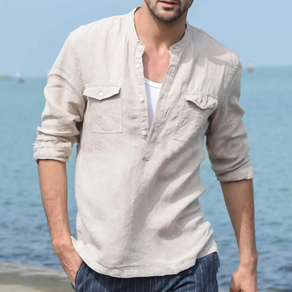 

Men's Cotton Linen Shirt Long Sleeve Casual T-shirt Beach Yoga Top Solid Color Stand Collar Shirt Men’ s Blouse