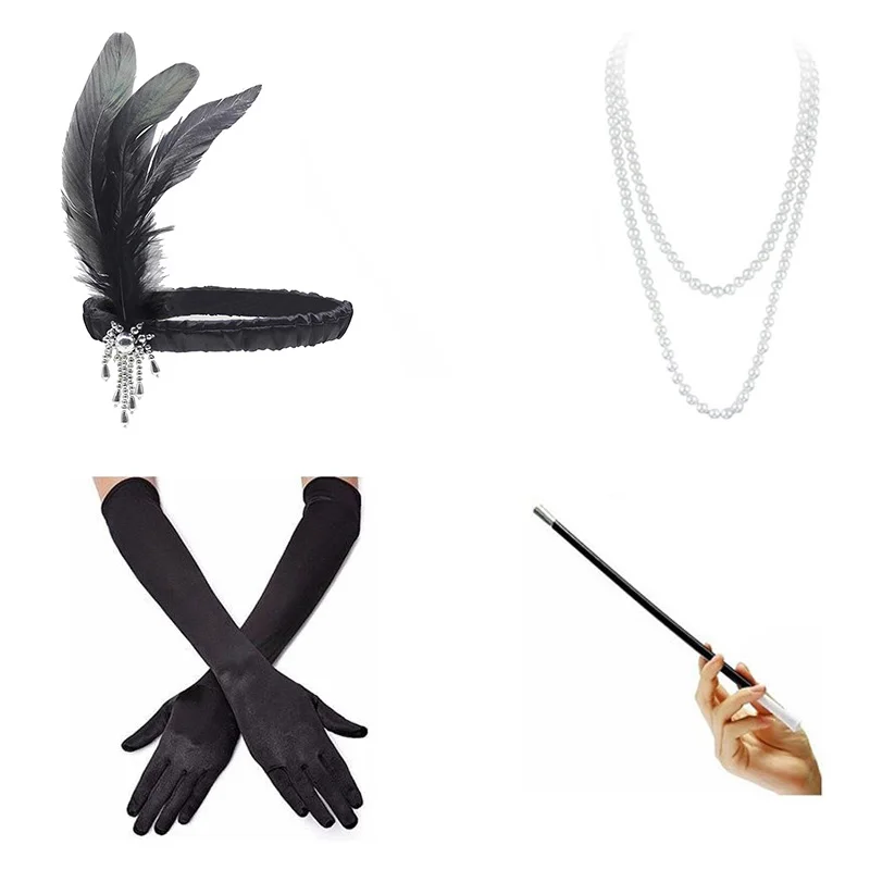 1920s-Accessories -a 1920s винтажное платье с павлином и блестками, с бахромой, вечерние, Украшенные бусинами, платье Грейт Гэтсби/комплект аксессуаров(S-XXXL - Цвет: 1920s-Accessories -a