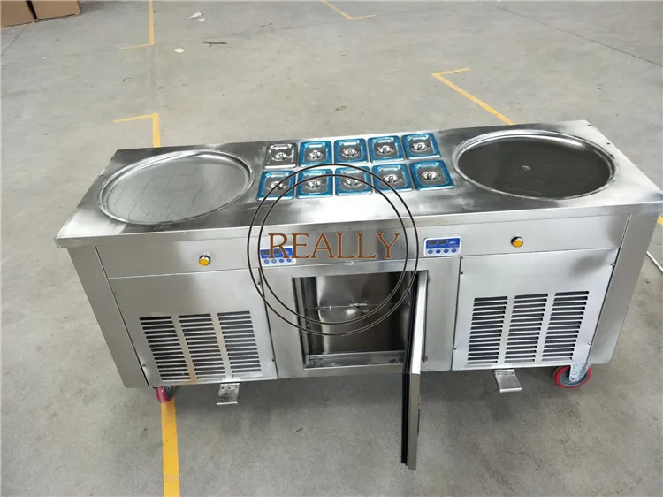 

Double Pan Thai Pan Ice cream Machine Stir Fry Machine Roll Fried Ice Cream with 10 Topping Tanks