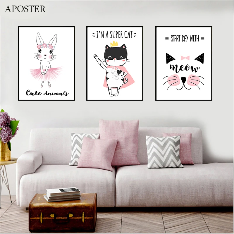 Мультфильм Живопись Животные плакат принты кролик Кошка Холст на стене для детей