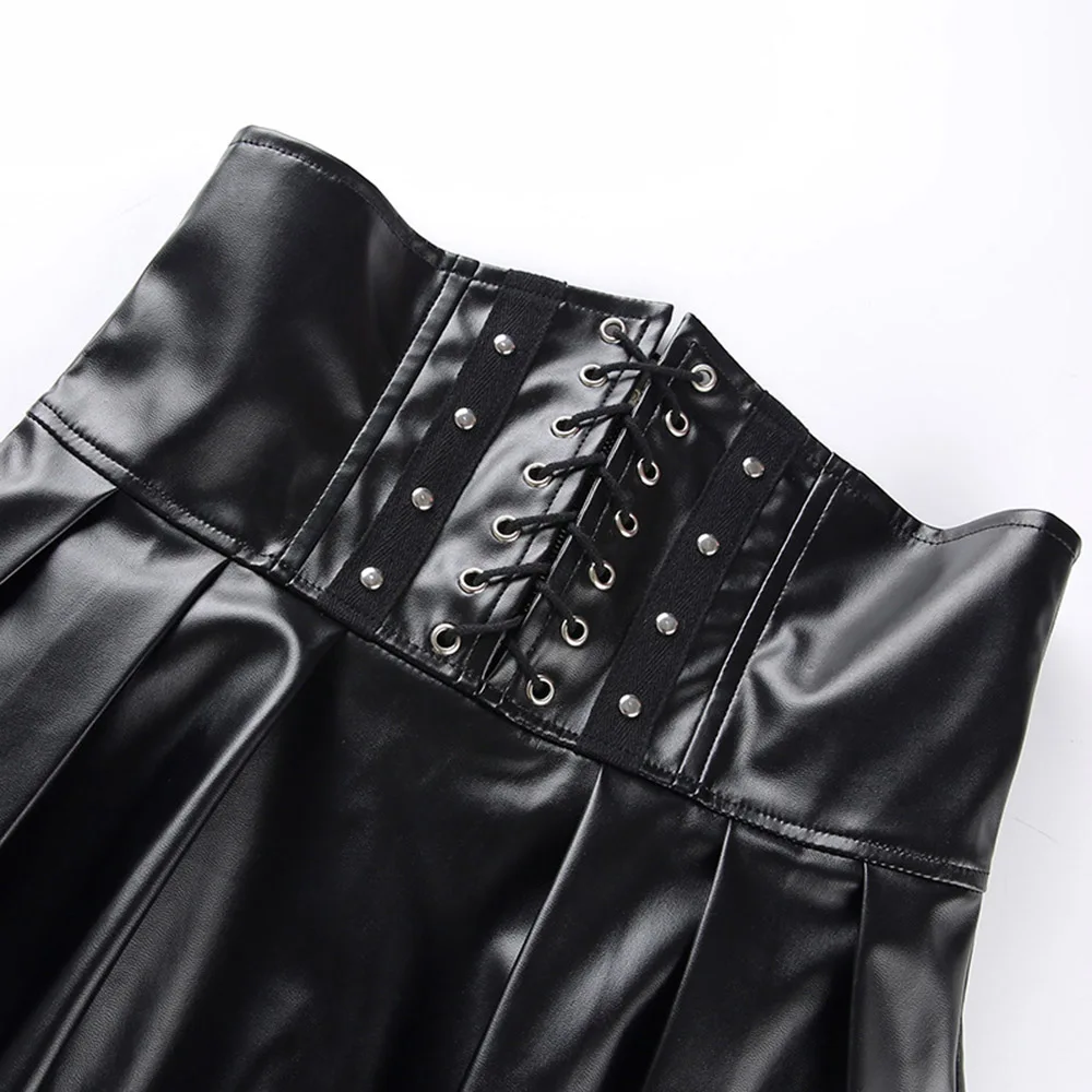 

Women Pleated PU Leather Skirt High Waist Lace Up Black Zipper Casual Bandage Party Sexy Mini Skirts 2020 Black Vintage Punk