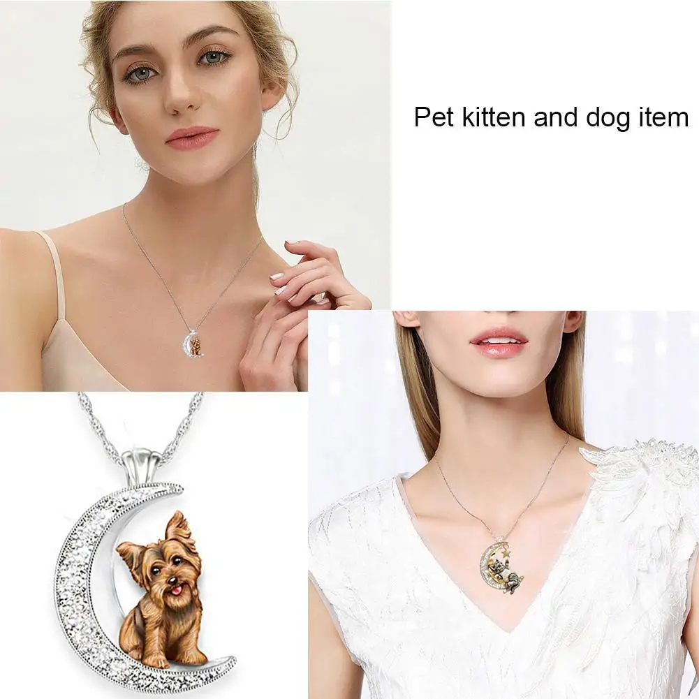 

Exquisite Crystal Moon Cat Dog Pendant Necklace Women Cute Lucky Micro Cz Shiny Animal Charm Fashion Jewelry Gift for Daughter
