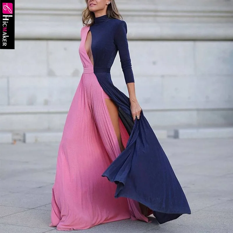 Женское платье макси с цветными блоками разрезом длинным рукавом отверстиями