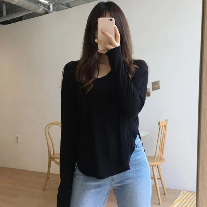Black Spring T-Shirts Women Split Korean Slim Tops Casual Solid V-Neck Shirts Long Sleeve Cotton Vintage Autumn tshirts X705 | Женская