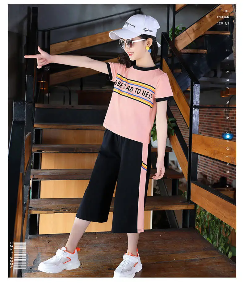 Костюм для девочек летний модный спортивный комплект одежды короткая детская