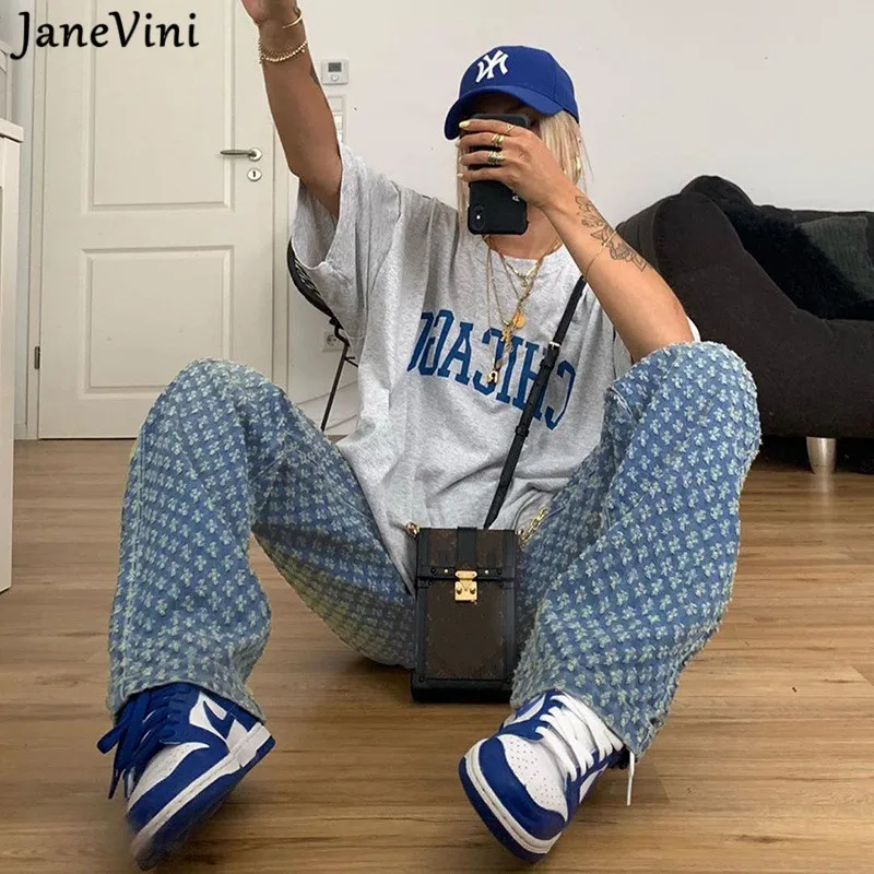 JaneVini женские штаны голубые джинсы сезон осень высокая талия длинные в уличном