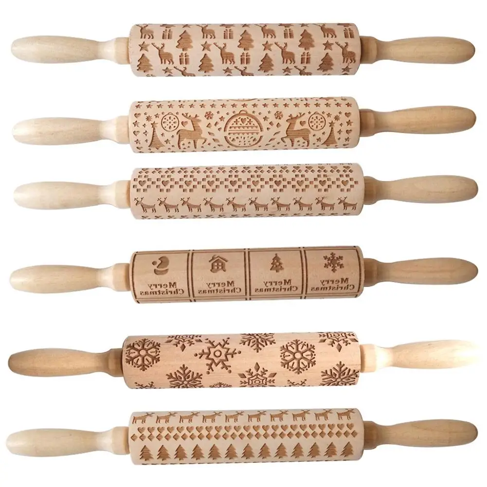 Деревянная Скалка с тиснением в виде рождественской елки и оленя ролик для