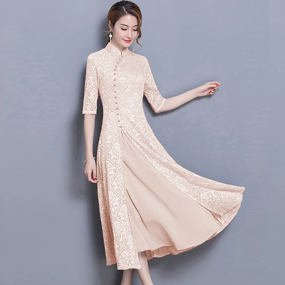 

2021 Spring Summer Modern Cheongsam Women Lace Qipao Chinese Dress Long Pao Party Vintage Elegant Dress High Quality