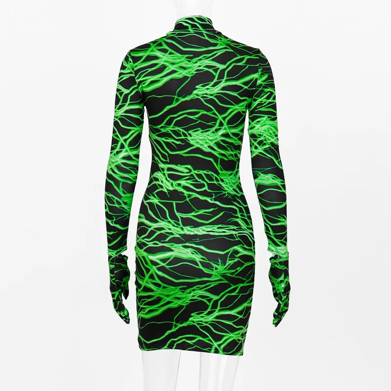 

Fashion Neon Lightning Print With Gloves Mini Dress Women Turtleneck Long Sleeve Spring Party Clubwear Sexy Bodycon Ladies Dress