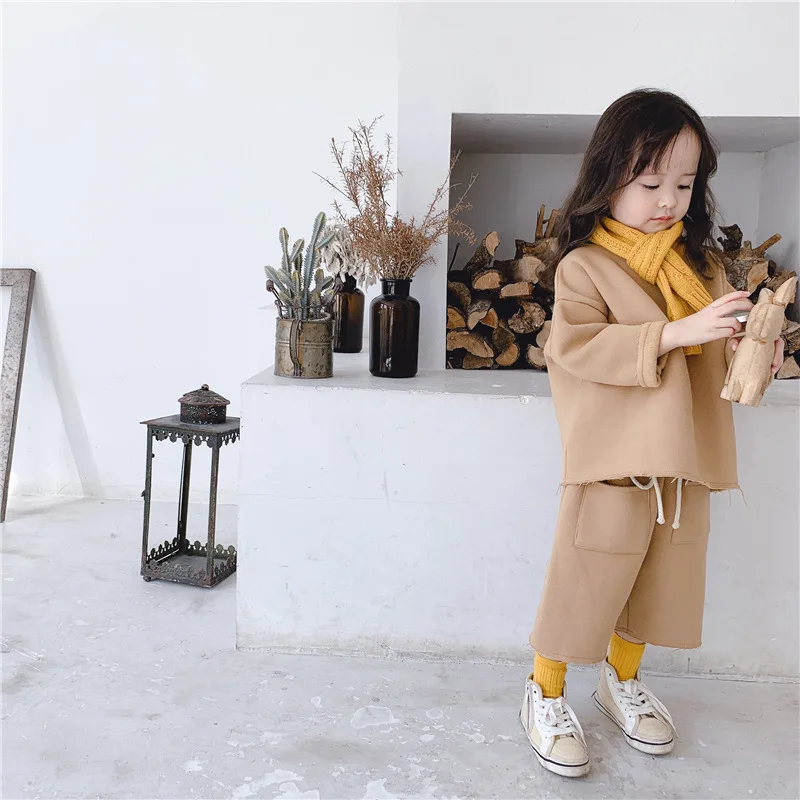 Осенние модные однотонные комплекты одежды из флиса для девочек детские