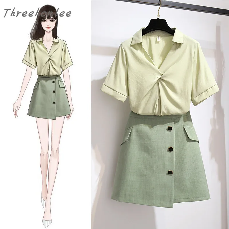 

2021 New Summer Goddess 2 Pieces Suit Office Lady V-neck Solid T-shirt And Hepburn Light Mature Shorts Two Piece Sets