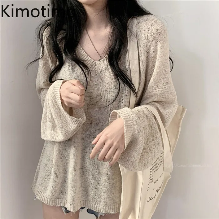

Kimotimo Loose Sweater Women Korean Chic Lazy Style V-neck Simplicity Long Sleeve Knitted Tops Summer All-match Solid Pullovers
