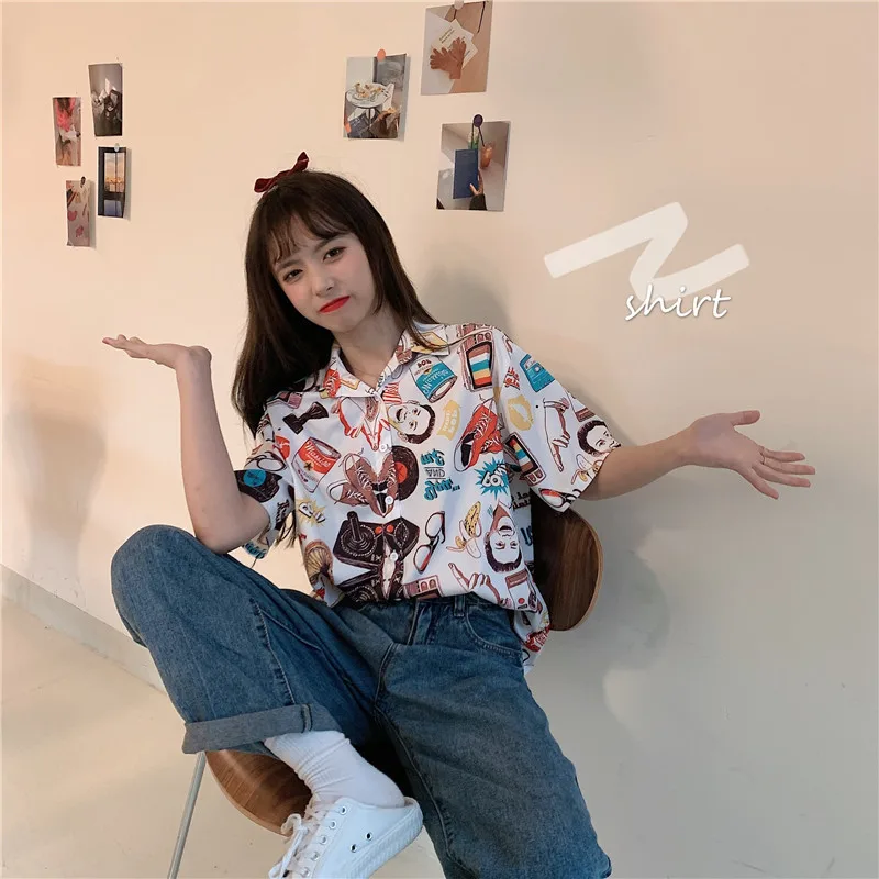 

2021 New Summer Harajuku Style Printed Hawaiian Shirt Fashion Trend Colours Print Shirt for Woman Clothes Wholesale