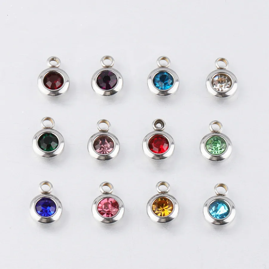 

60Pcs/Lot Stainless Steel Birthstone Charms 6.5mm Rhinestones Month Birthstone Charms For DIY Jewelry Making Necklace