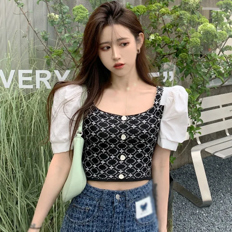 

ETOSELL Sweet Print Knitted T Shirt Stitching Short Sleeve T Shirts Women Square Collar Knitted Tops