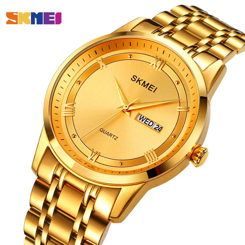 

SKMEI Waterproof Week Date Mens Wristwatch Luxury Stainless Steel Quartz Golden Watches Casual Clock reloj hombre montre homme