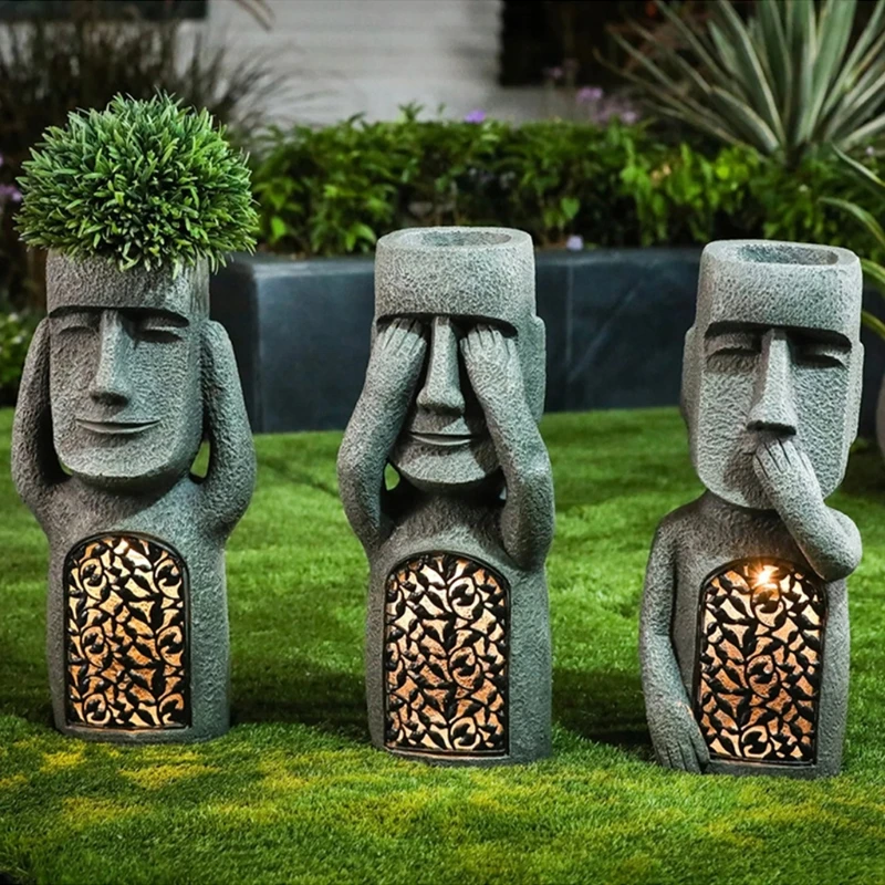 

No See/Hear/Speak Evil Garden Easter Island Statue Flower Pot with LED Light Sculpture Planter Outdoor Yard Patio Decoration