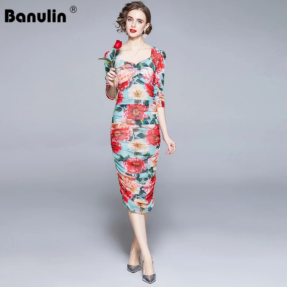 

Banulin 2021 Summer Runway Sexy Bodycon Dress Women's Long sleeve Flower Print Mesh Elegant Party Midi Dress Vestido N6821