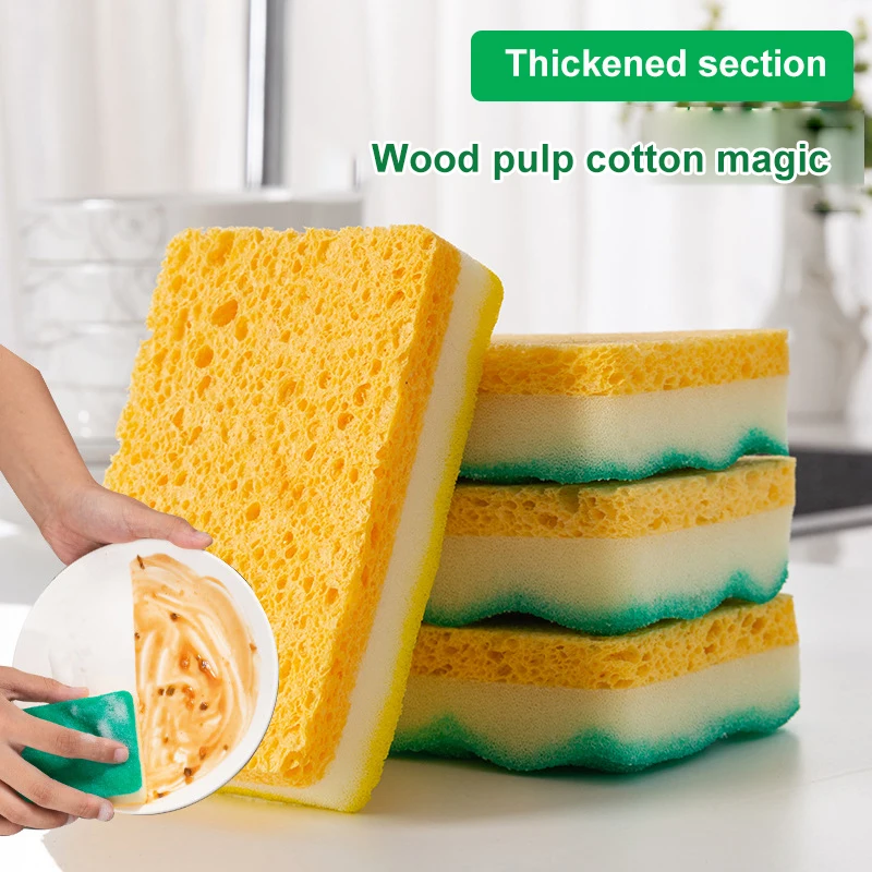 

5pcs Dishwashing Sponge Eraser Kitchen Wood Pulp Sponge Descaling Clean Rub Pot Sponge Brush Oil Removal Artifact Kitchen Gadget