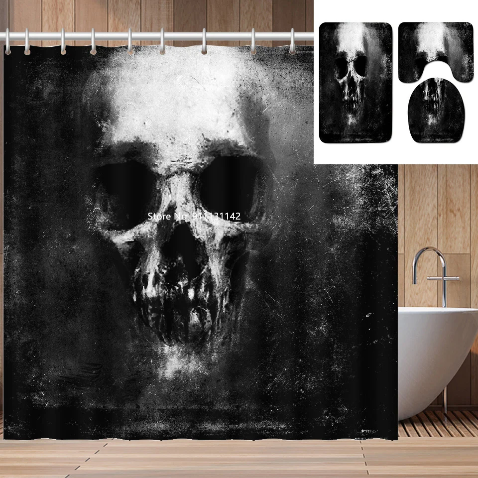 

Black Horror Skull Shower Curtain Toilet Home Decoration Waterproof Eco-friendly Partition Curtain Non-slip Bath Mat
