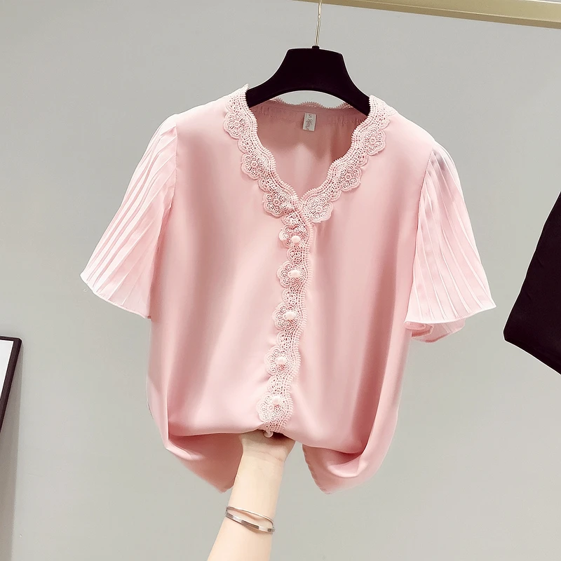 

Женская шифоновая блузка с короткими рукавами, Повседневный пуловер с V-образным вырезом и кружевом, украшенный бусинами, в стиле пэчворк, л...