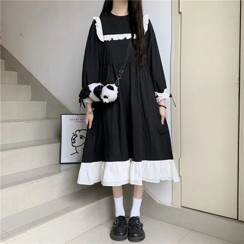 

New autumn Japanese long-sleeved dress retro dark Lolita college style ins black dress Korean style forest skirt