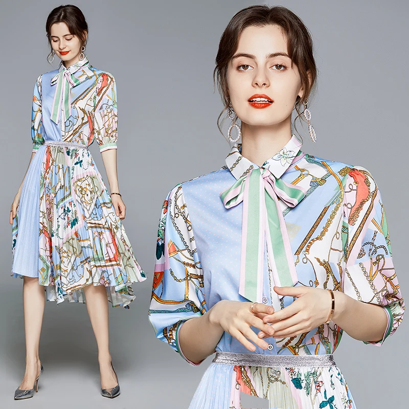 

Women's European Station 2021 Summer New Asymmetric Stitching Printed Lace 2 Piece Suit Dress
