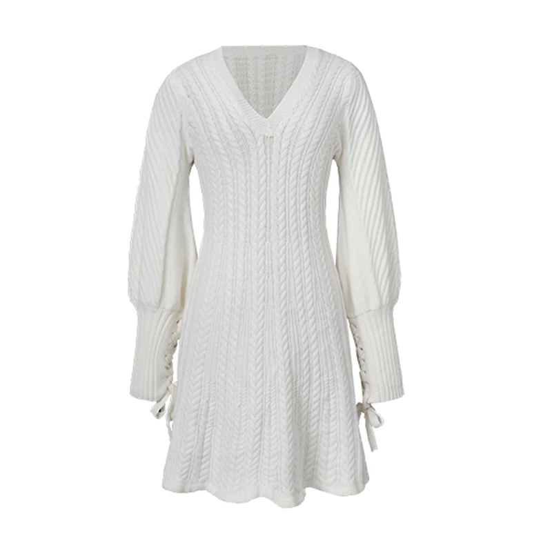 Женское трикотажное платье-свитер элегантное ТРАПЕЦИЕВИДНОЕ ПЛАТЬЕ на шнуровке