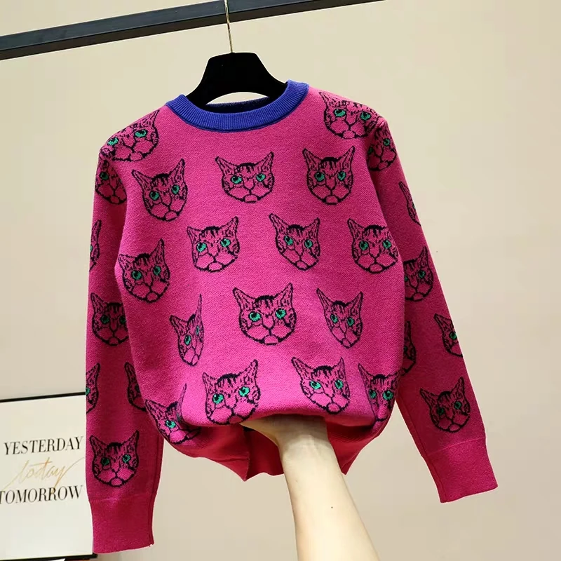 Fashion Women Sweater Warm Cartoon Cat Jacquard Jumper Long Sleeve Knitwear Autumn Winter Female Casual Pullover Knitted Tops