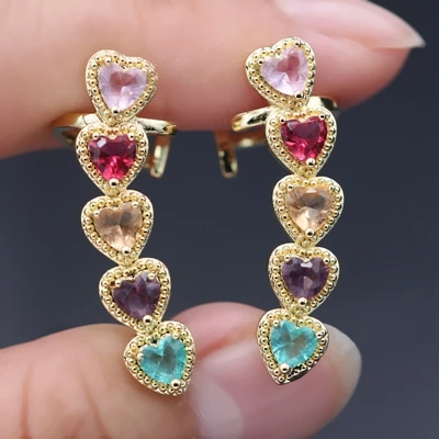 gold plated Роскошные маленькие серьги в форме сердца, для ушей, на застежке-манжете, для женщин, медные, золотистого цвета, разноцветные кубические циркониевые серьги-гвоздики, подарок для девочки - Окраска металла: gold plated