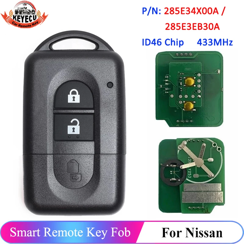 Llave remota sin llave KEYECU, 2 botones, 433MHz, Chip PCF7936 para Nissan x-trail Qashqai Pathfinder 2007-2015 285E34X00A / 285E3EB30A