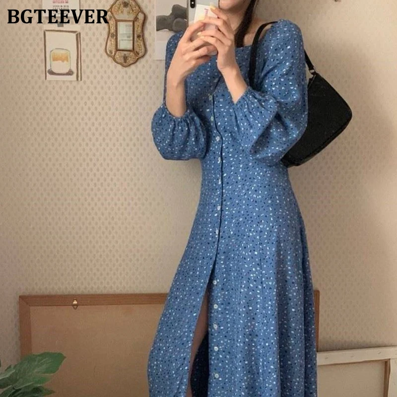 Женское платье с пышными рукавами BGTEEVER однобортное ТРАПЕЦИЕВИДНОЕ ПЛАТЬЕ в