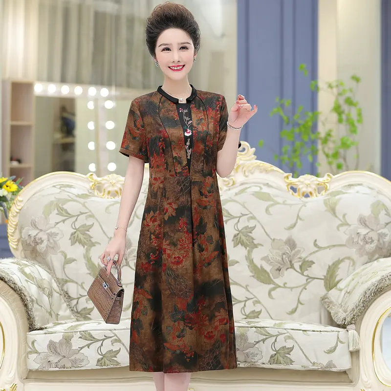 

Middle Aged Women Summer Silk Dresses Oriental Style Short Sleeve Round Neck Patchwork Front Design One Piece Robe Plus Size New