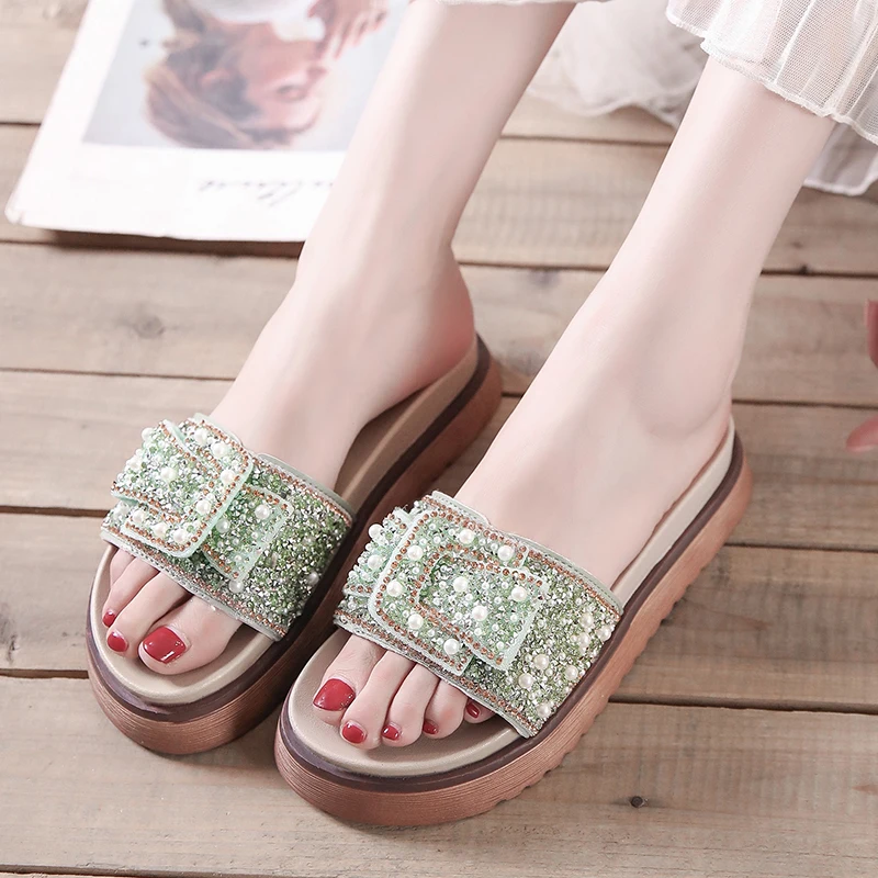 

Shoes Woman 2021 Glitter Slides Med Slippers Flat Fashion Platform String Bead Pantofle Heeled Mules Jelly Luxury Soft New High