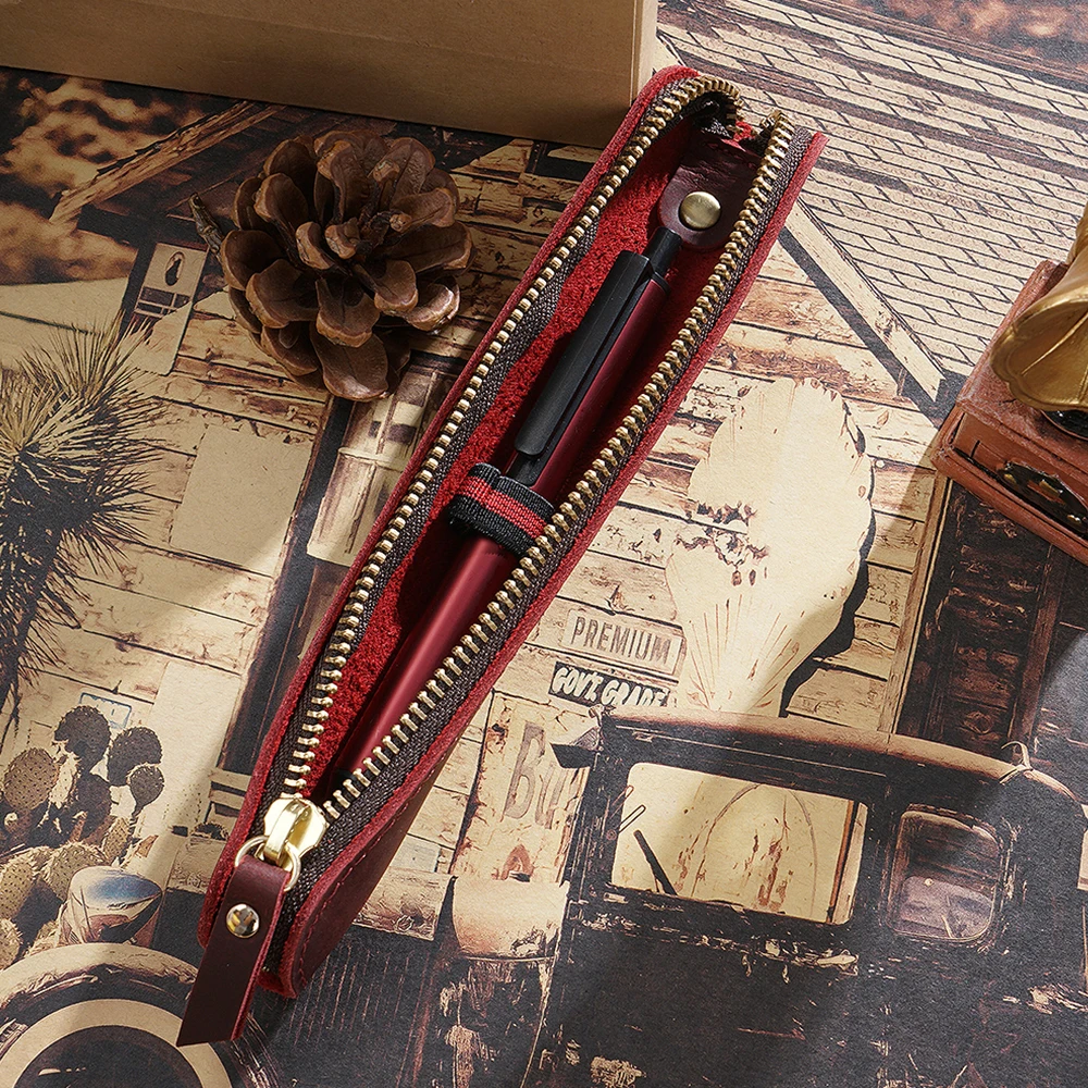 Genuine Leather Zipper Pen Bag Mini Small Pencil Case Apple Electronic Writing Pen Protective Sheath Creative Vintage Style