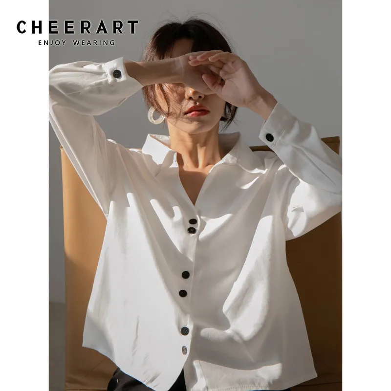 Белая рубашка CHEERART на пуговицах для женщин блузка черная с длинным рукавом