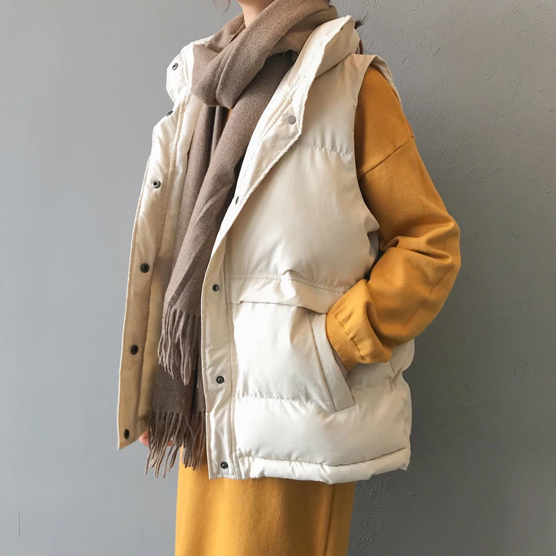 

2021Solid Short Style Vest for Women Cotton Padded Women's Winter Sleeveless Jacket with Zipper Stand Collar Casual Coats