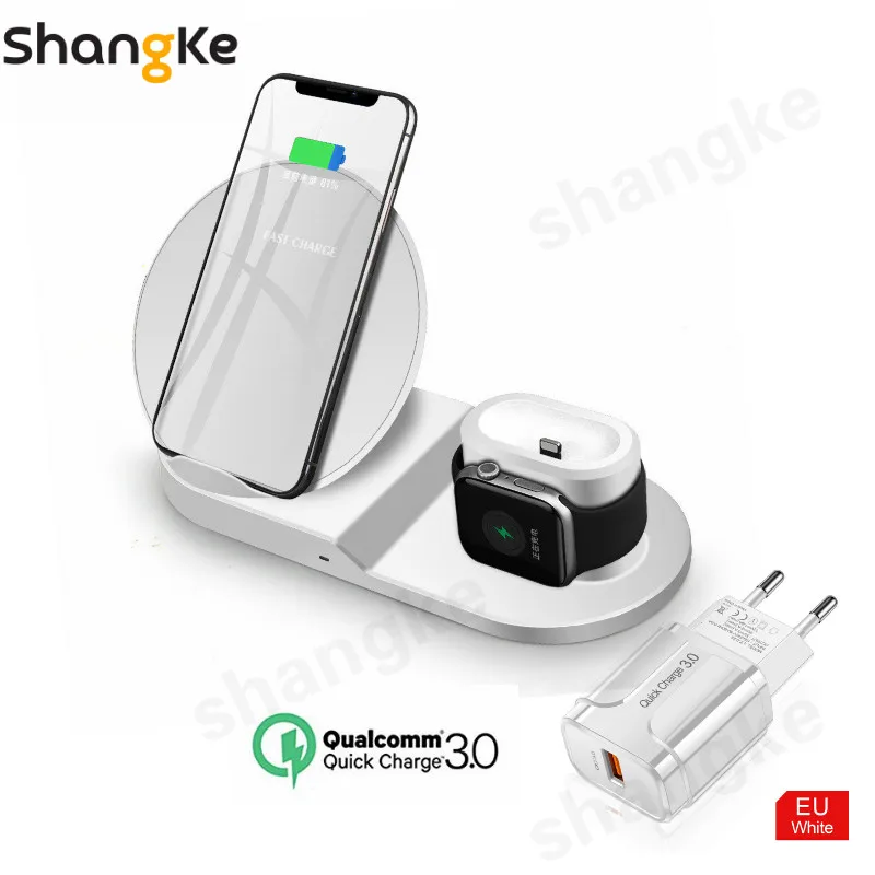 white EU plug Беспроводное зарядное устройство 3 в 1 Зарядная подставка для AirPods Pro Apple Watch Qi быстрая Беспроводная зарядная станция совместима с iPhone 11 X - Цвет: white EU plug