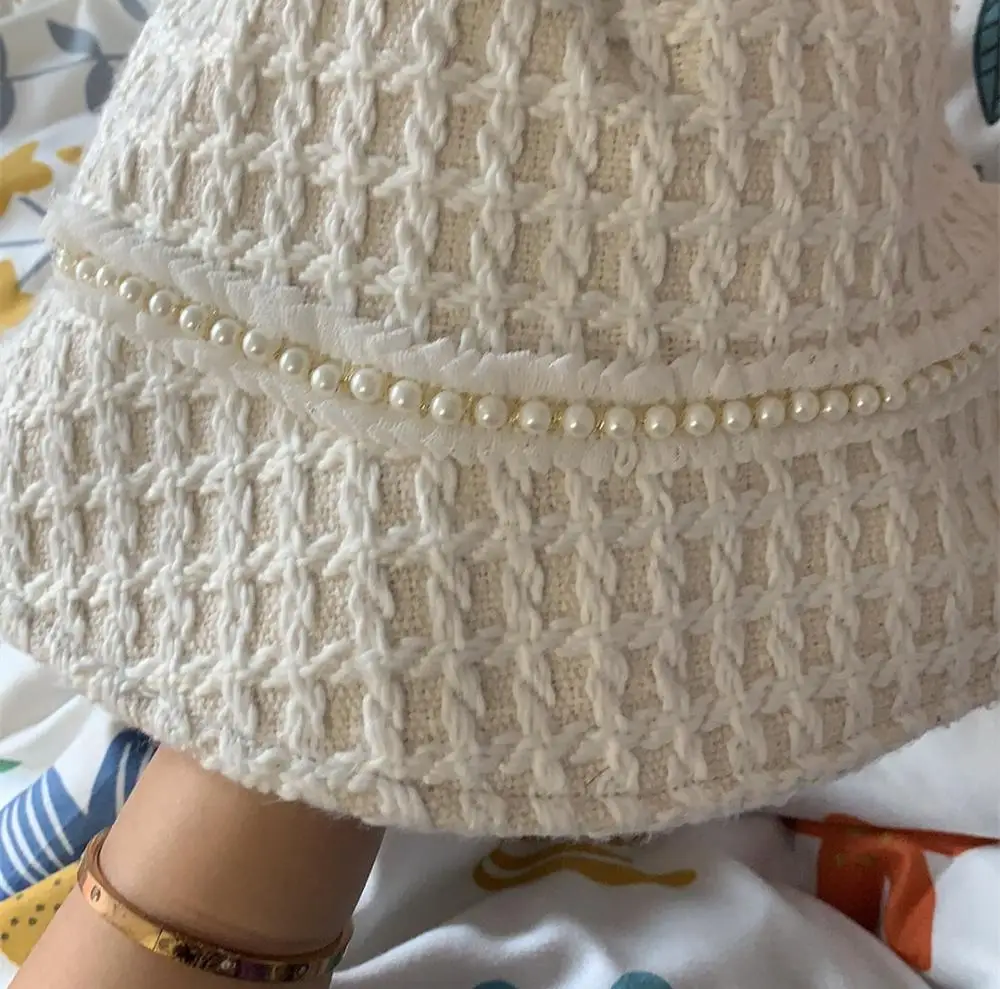 202011-SHI8695 autumn classic plaid pearl ribbon  lady   bucket cap  women  fishermen hat