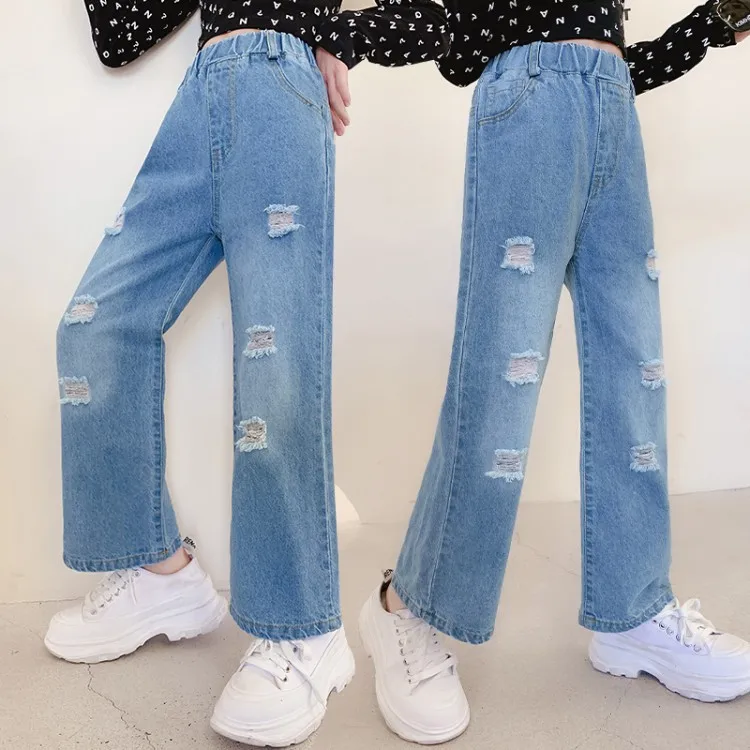 

Kids Jeans for Girls Spring Autumn Casual Straight Broken Hole Children Denim Trousers Korean Style Teenage Girls Wide Leg Pants