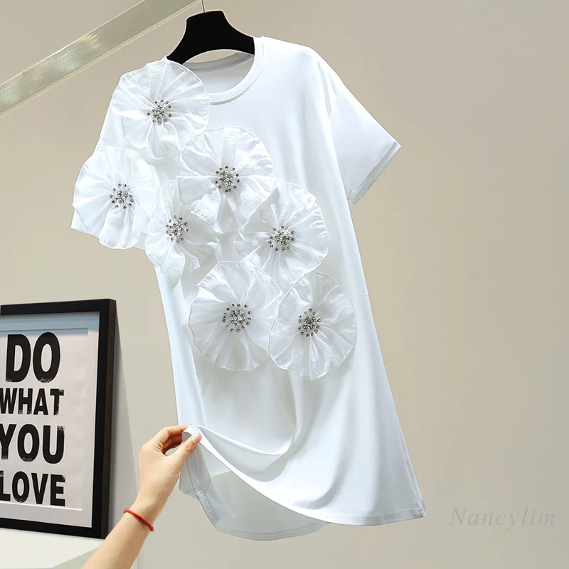 

Exquisite Rhinestone Three-Dimensional Flower Mid-Length Short Sleeve T Dress for Women 2021 Summer Loose Outfits White Black