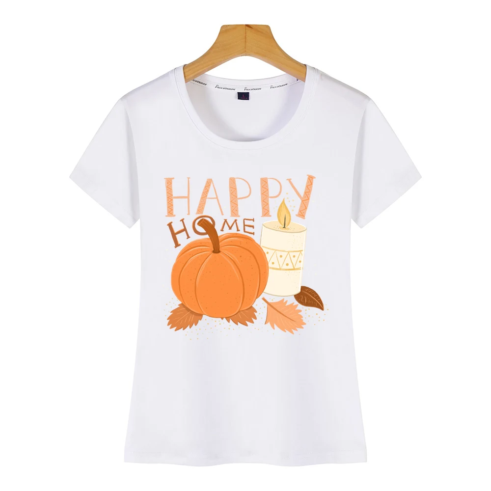 Tops T Shirt Women happy home pumpkin and candle alight hygge Fit Inscriptions Print Female Tshirt | Женская одежда