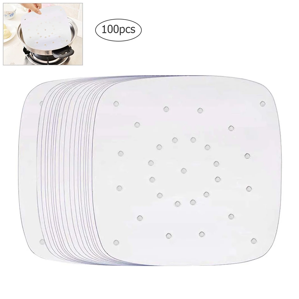 

100PCS Square Air Fryer Paper Non-stick Steamer Pads Perforated Parchment Paper1