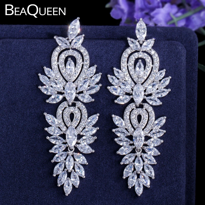 Длинные Красивые свадебные серьги BeaQueen с фианитом в форме маркиза украшения для
