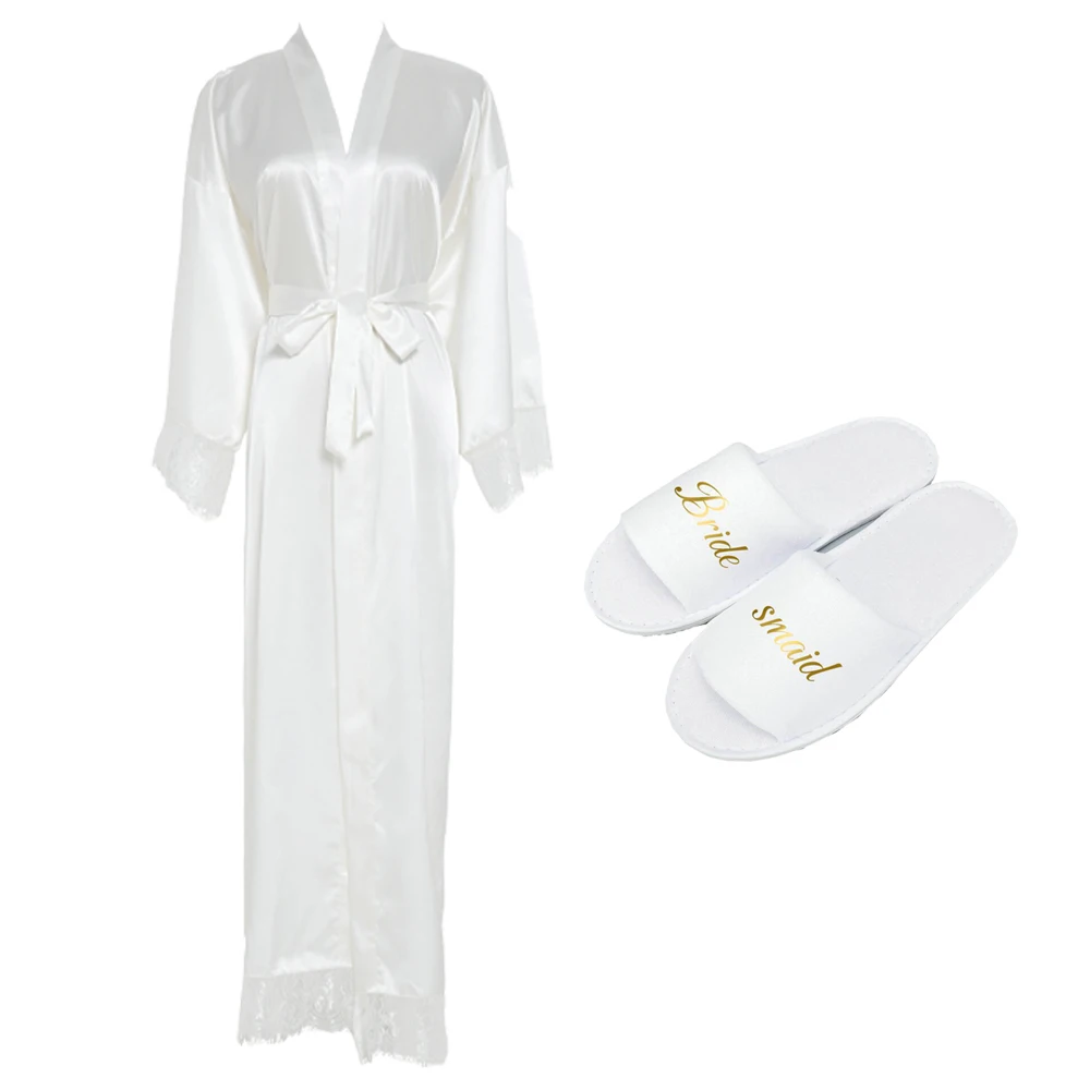 Silk stain lace robes bridesmaid bride robes slipper  long robe bathrobe wedding long sleepwear womens robe birthday robes